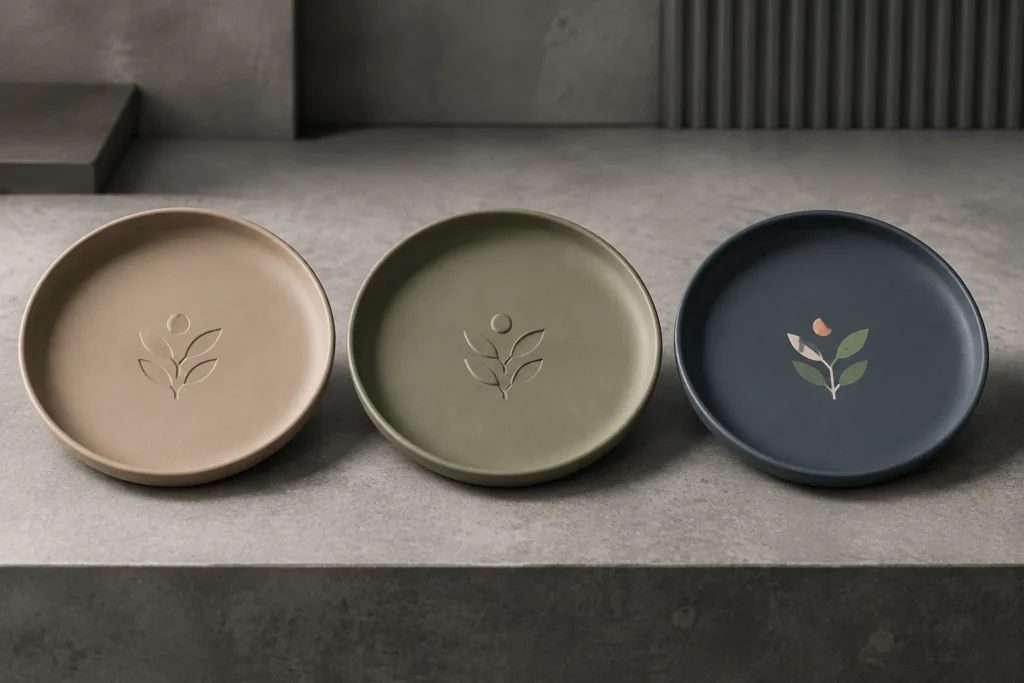 Debossed vs embossed logo and printed tableware branding samples compared on plates and bowls