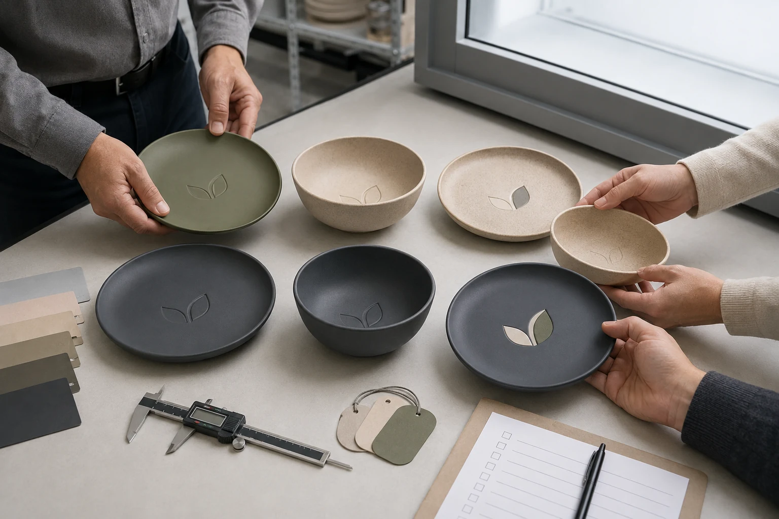 Buyer team compares debossed embossed and printed tableware logo samples under controlled lighting