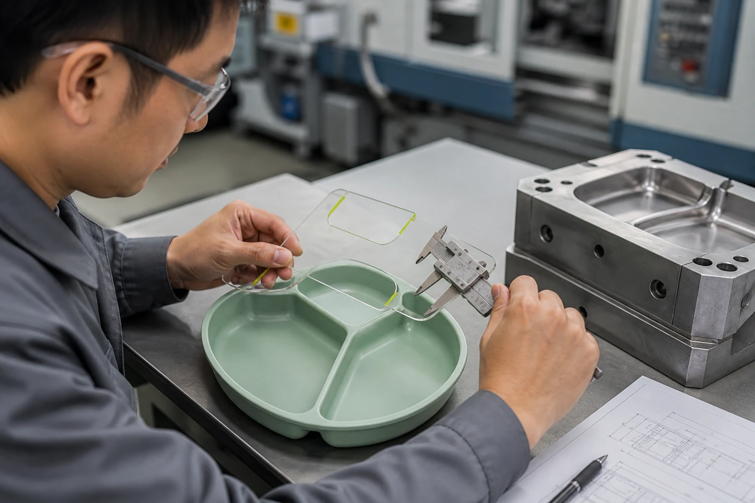 Engineer reviews tableware wall sections draft undercuts parting lines and functional interfaces