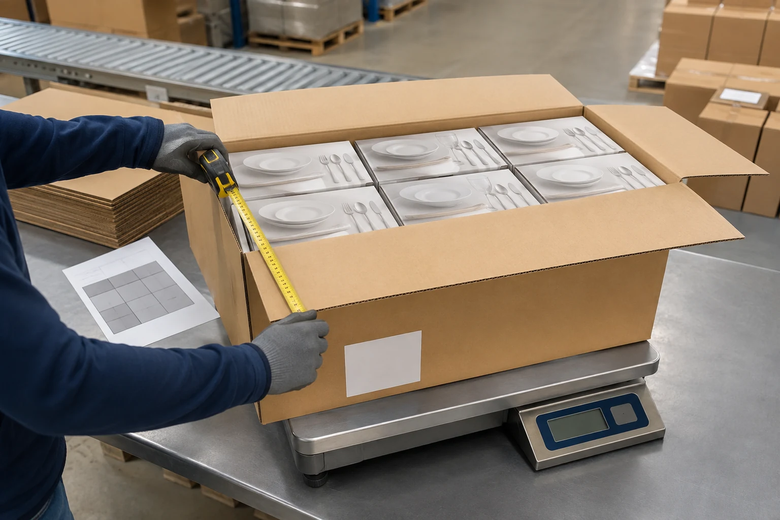 Packed tableware retail units arranged in measured export master carton for freight calculation