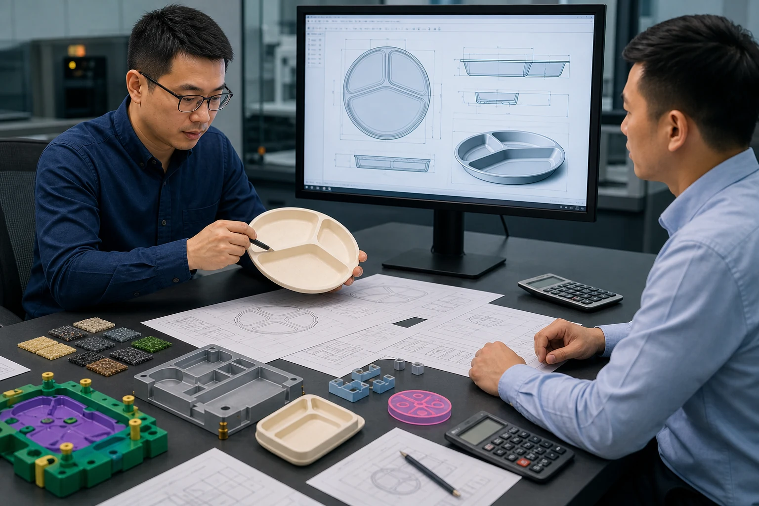 Engineer checks tableware CAD dimensions parting lines cavities and material assumptions