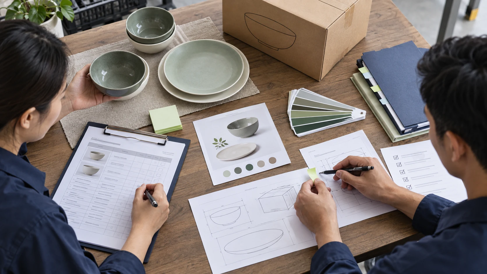 Factory team reconciles a tableware purchase order artwork approval and shipment instruction