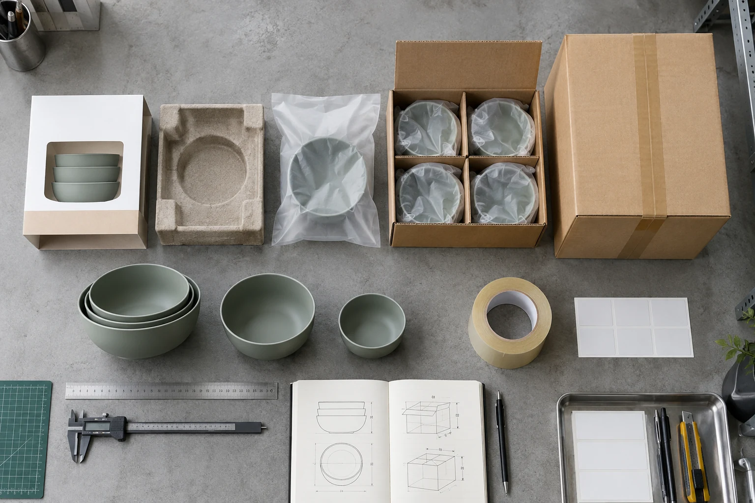 Buyer maps sales grouped transport and e-commerce packaging around a tableware set