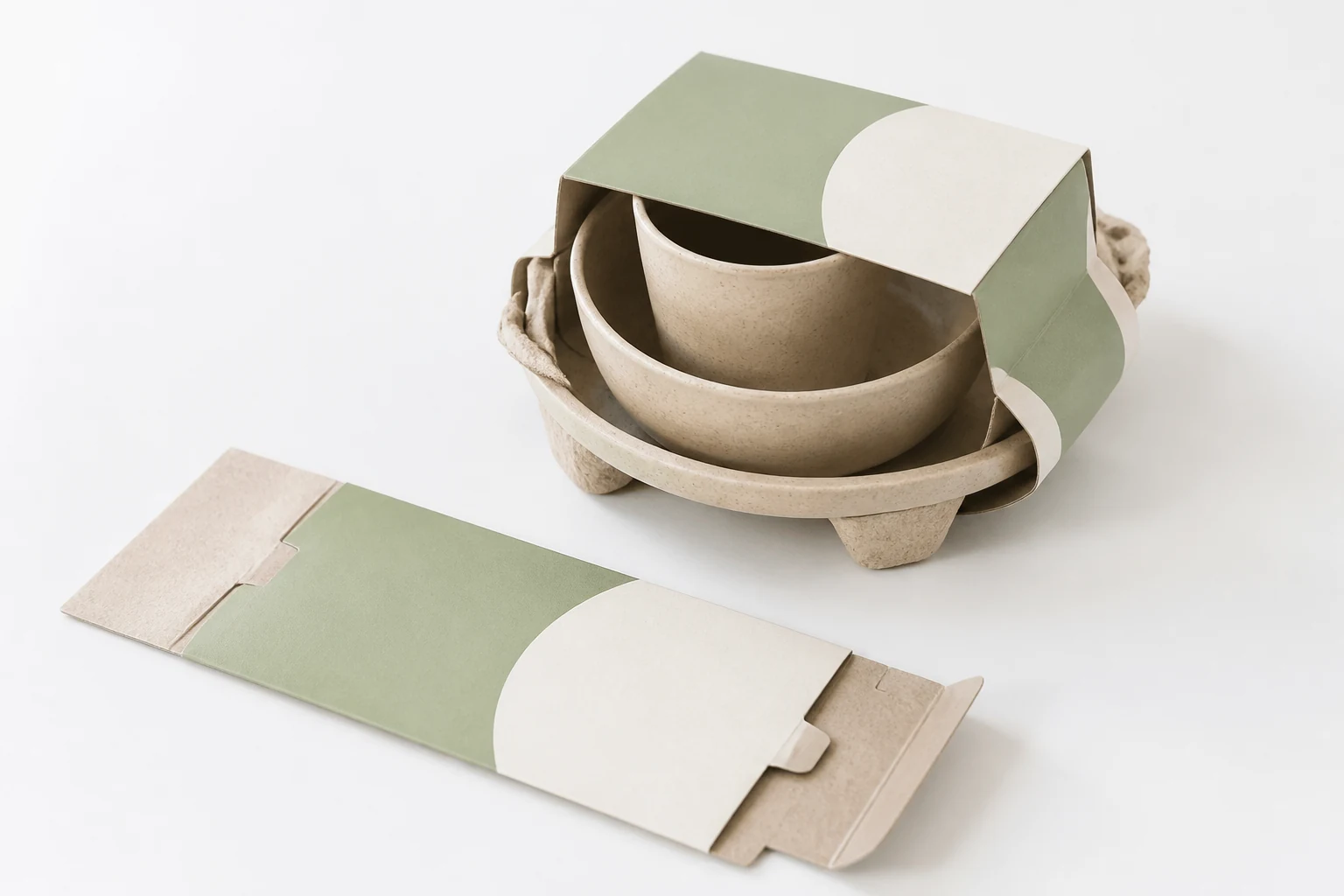 Paper sleeve fitted around nested reusable tableware set during packaging sample review