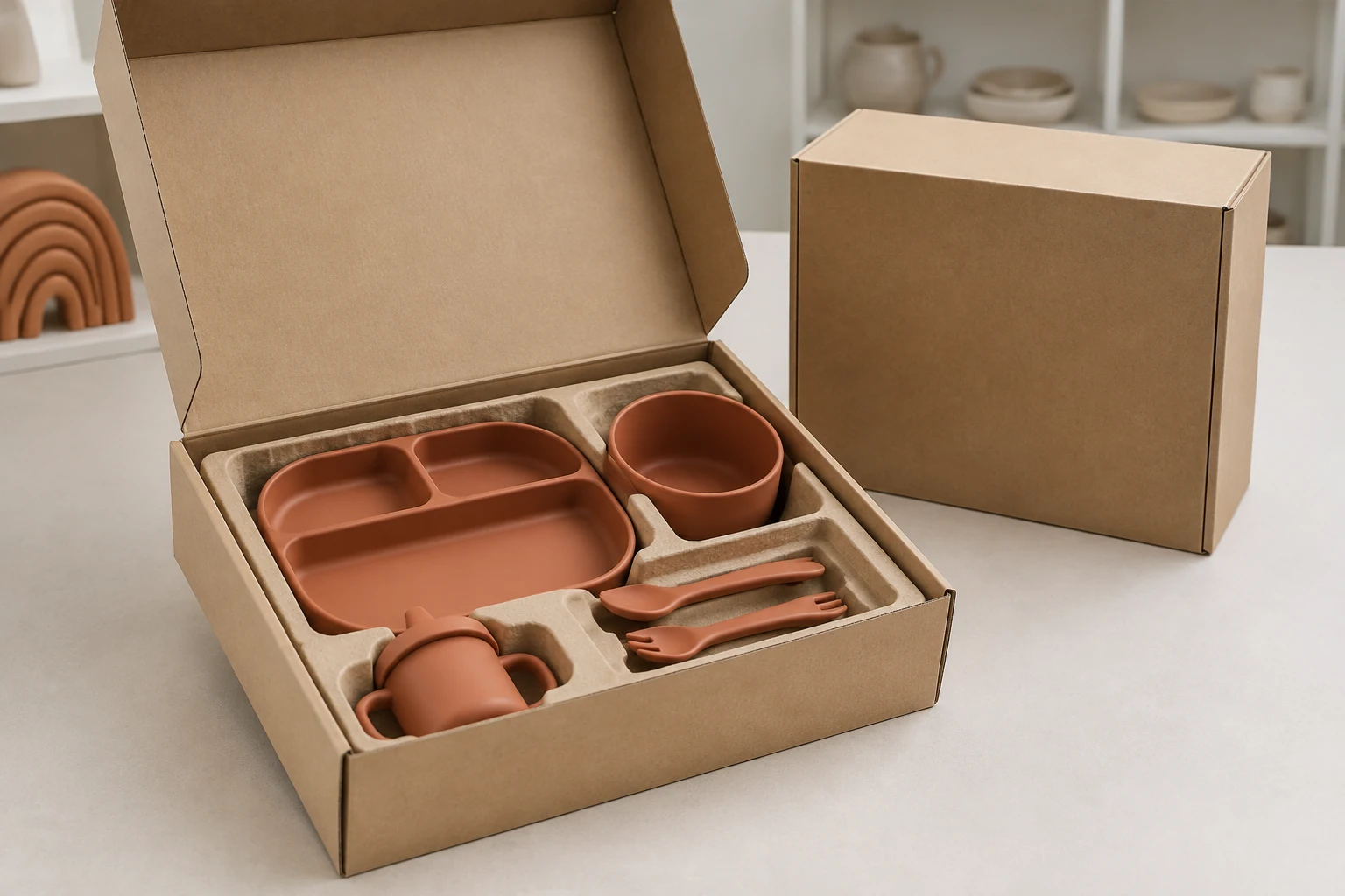 Rigid tableware set fitted inside printed retail box with protective paper insert