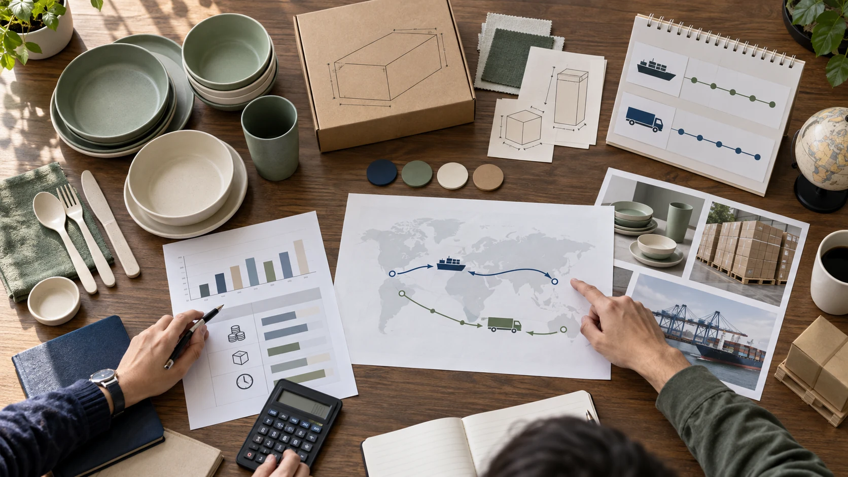Buyer compares tableware shipment timing cost and inventory scenarios on a planning board
