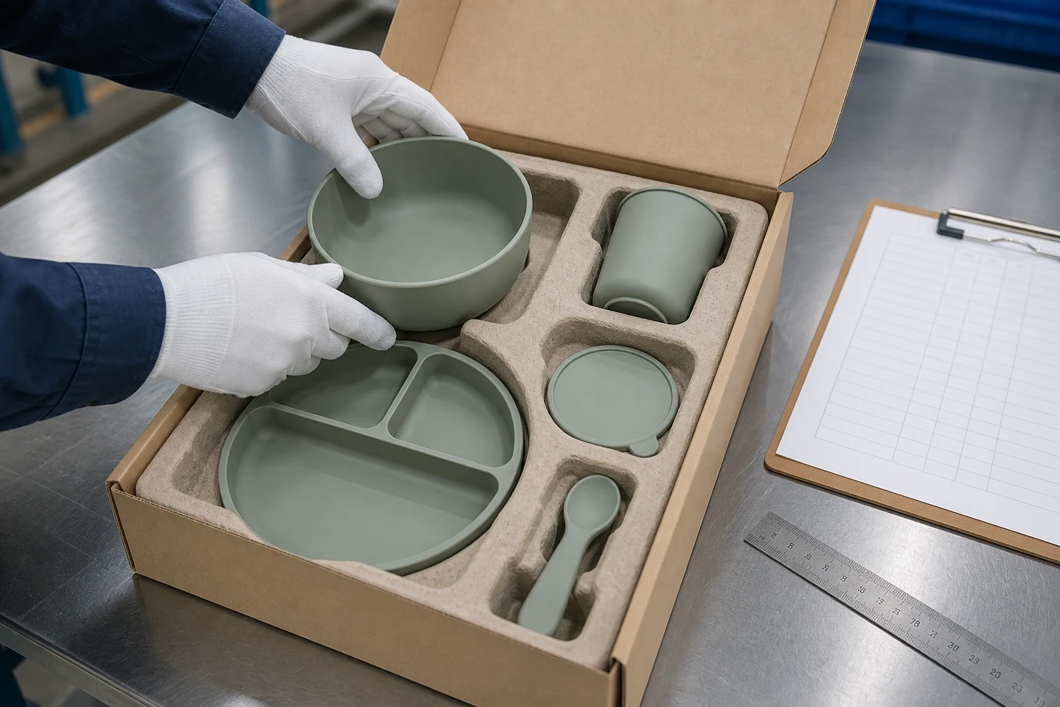 Buyer and packaging engineer review tableware set count retail pack and protective insert
