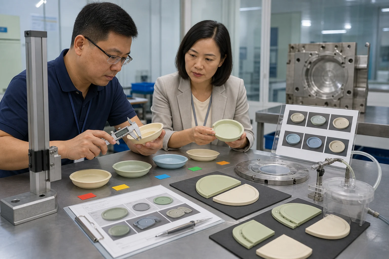Quality team measures tableware tooling trial parts against drawings and functional checks