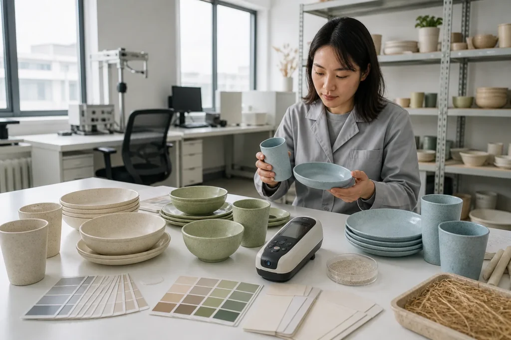 Wheat straw tableware color variation review with plates bowls cups color standards and a colorimeter