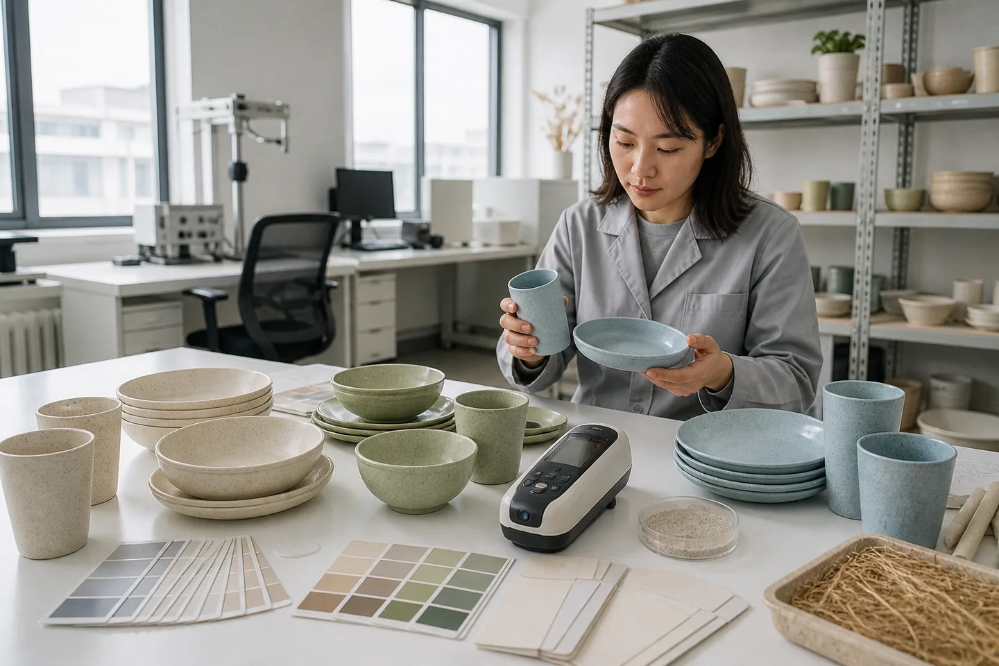 Wheat straw tableware color variation review with plates bowls cups color standards and a colorimeter