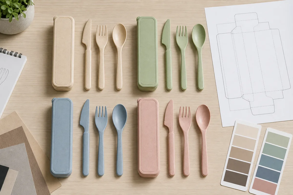 Four wheat straw cutlery sets arranged with OEM color and packaging references