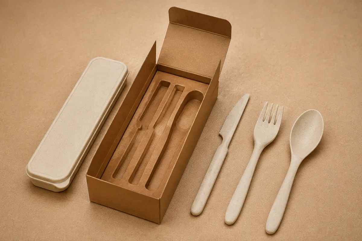 Wheat straw cutlery set with storage case and plain kraft retail packaging insert