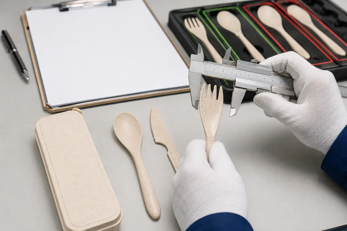 Factory inspector checking wheat straw fork dimensions and cutlery surface condition