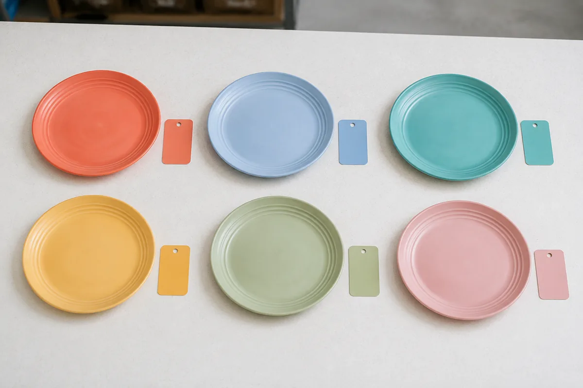 Six wheat straw dessert plate color samples with matching physical color chips