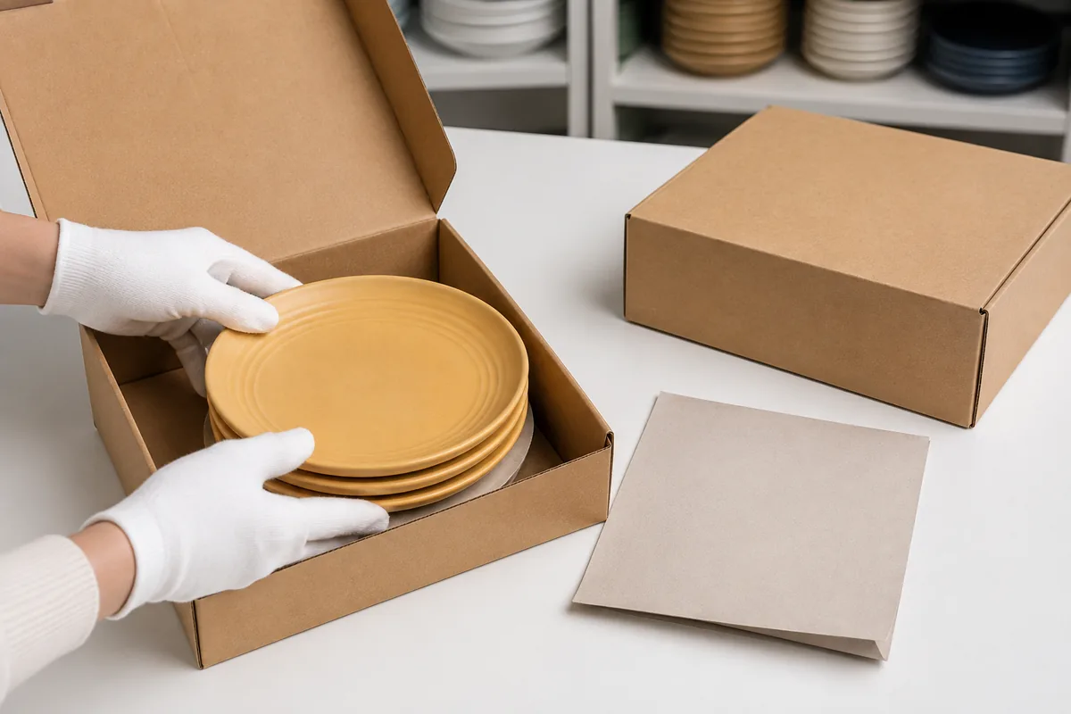 Stack of yellow wheat straw dessert plates placed in plain kraft retail packaging