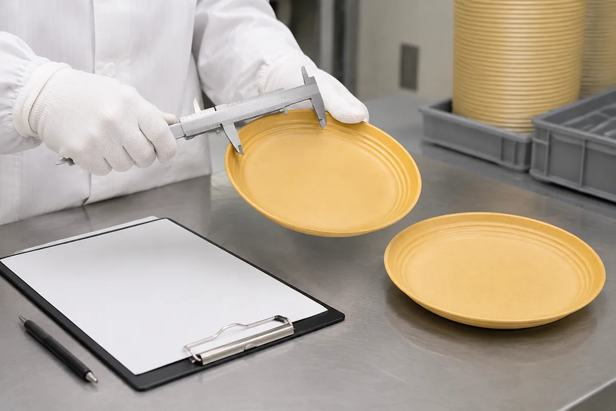 Factory technician checking a yellow wheat straw dessert plate rim with a caliper