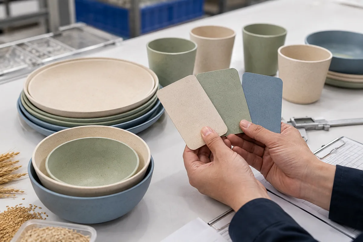 Product engineer comparing beige sage and blue color references with wheat straw tableware