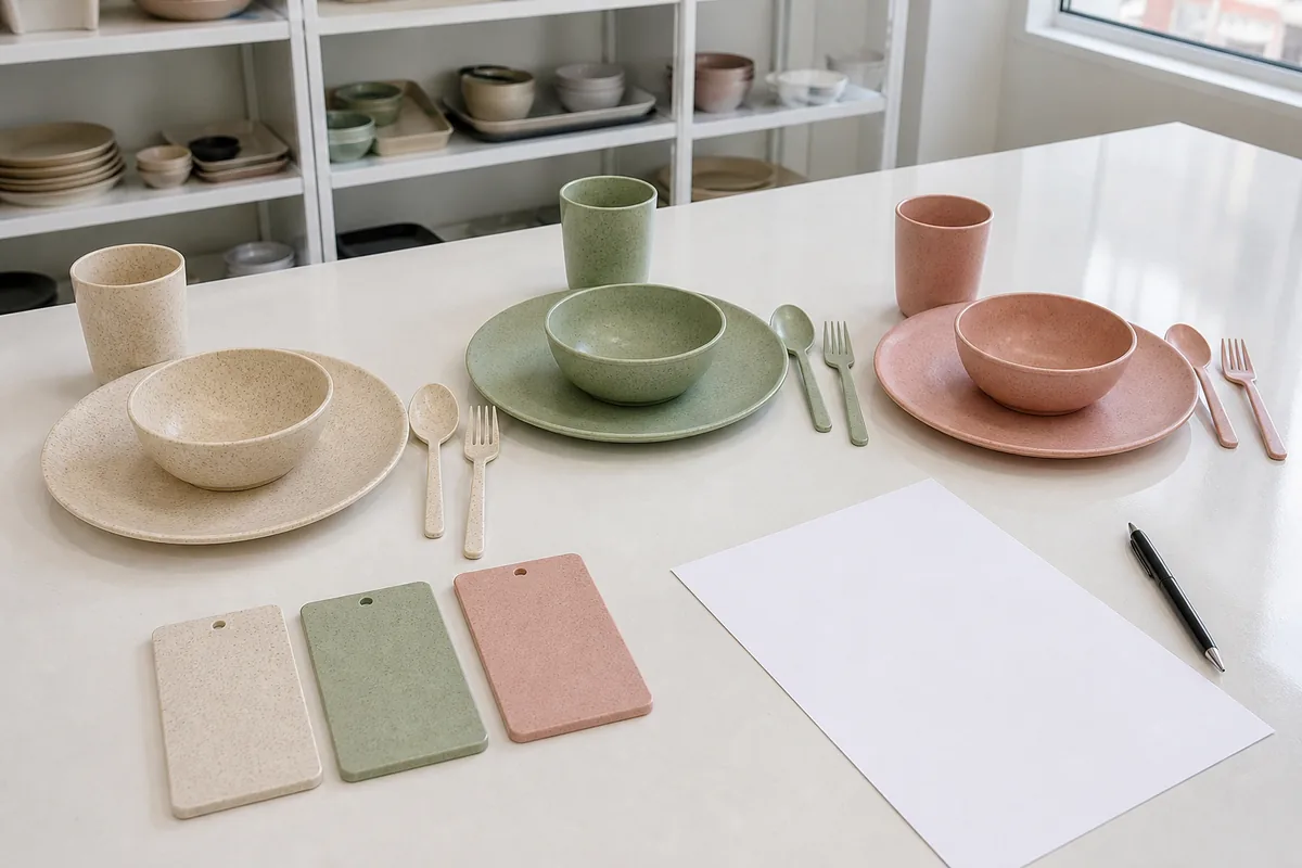 Wheat straw dinnerware sets beside OEM color reference samples