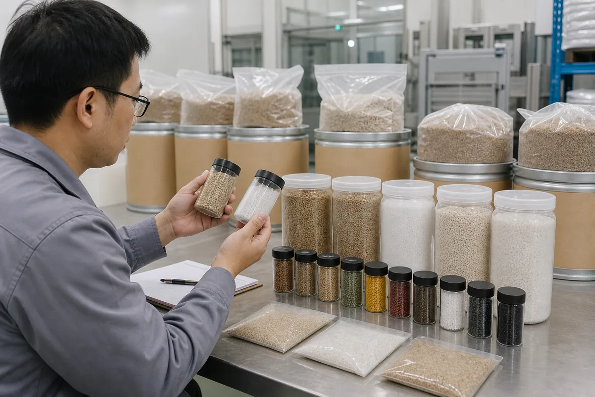 Quality technician comparing wheat straw composite material and pigment masterbatch lots