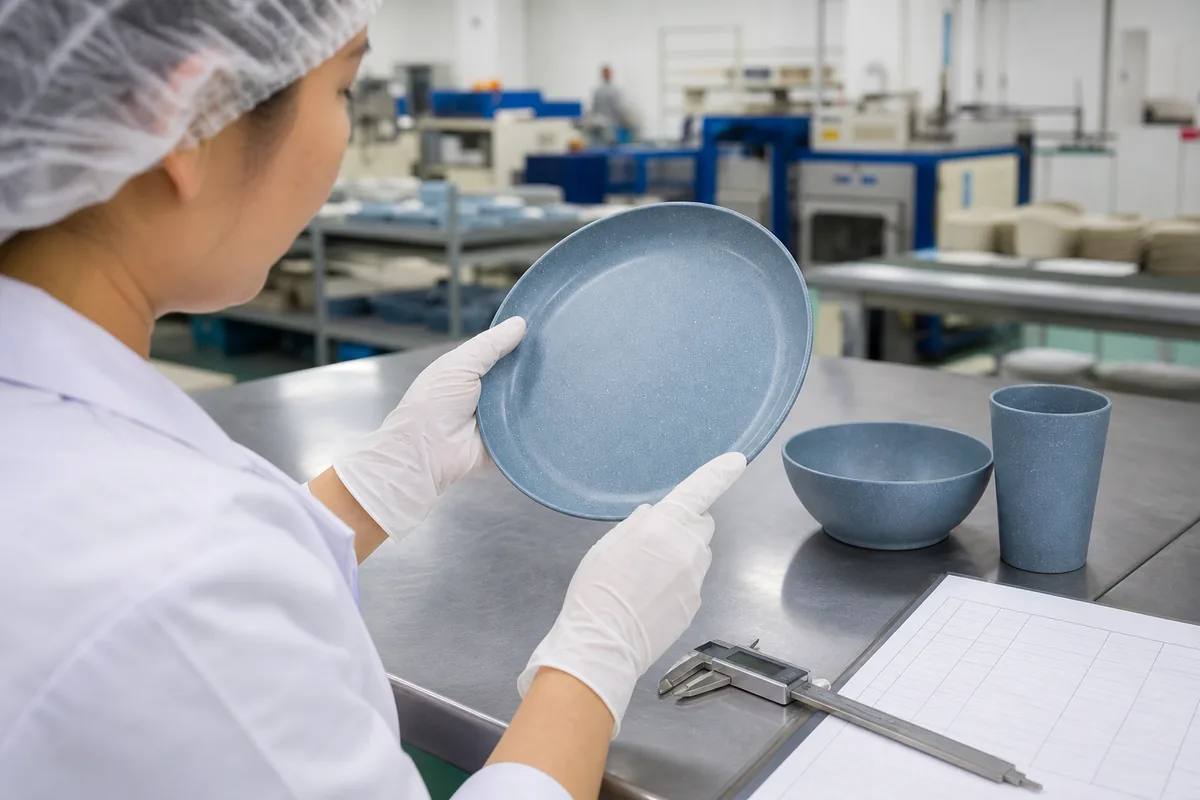 Factory inspector checking the surface and dimensions of a wheat straw plate