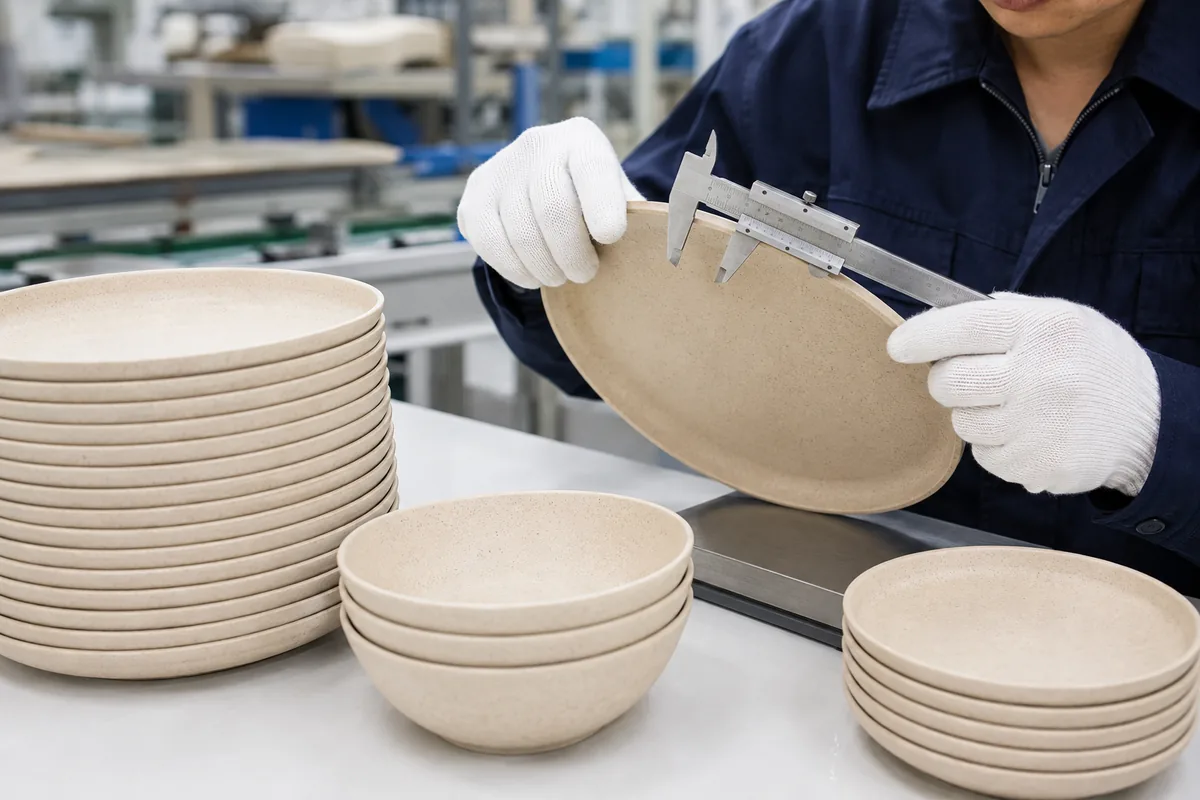 Factory inspector measuring the rim and stacking alignment of wheat straw composite plates