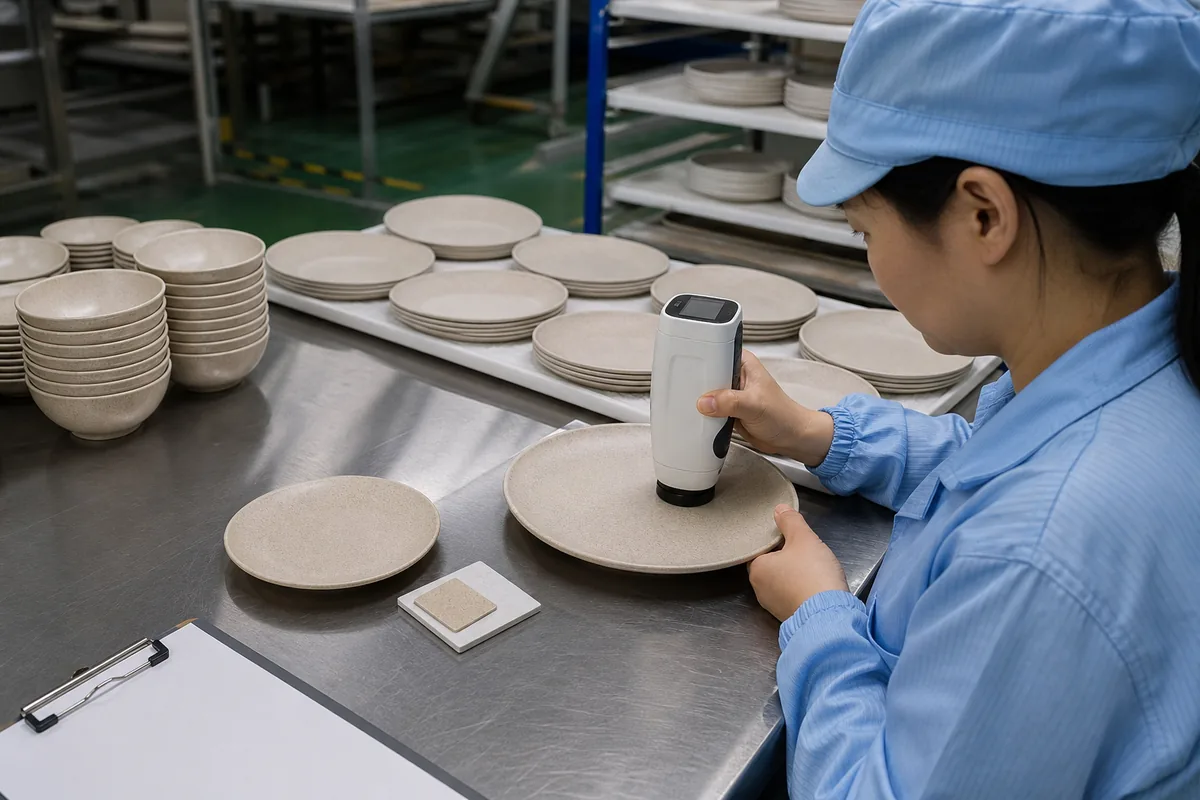 Factory inspector measuring wheat straw tableware color variation across production lots