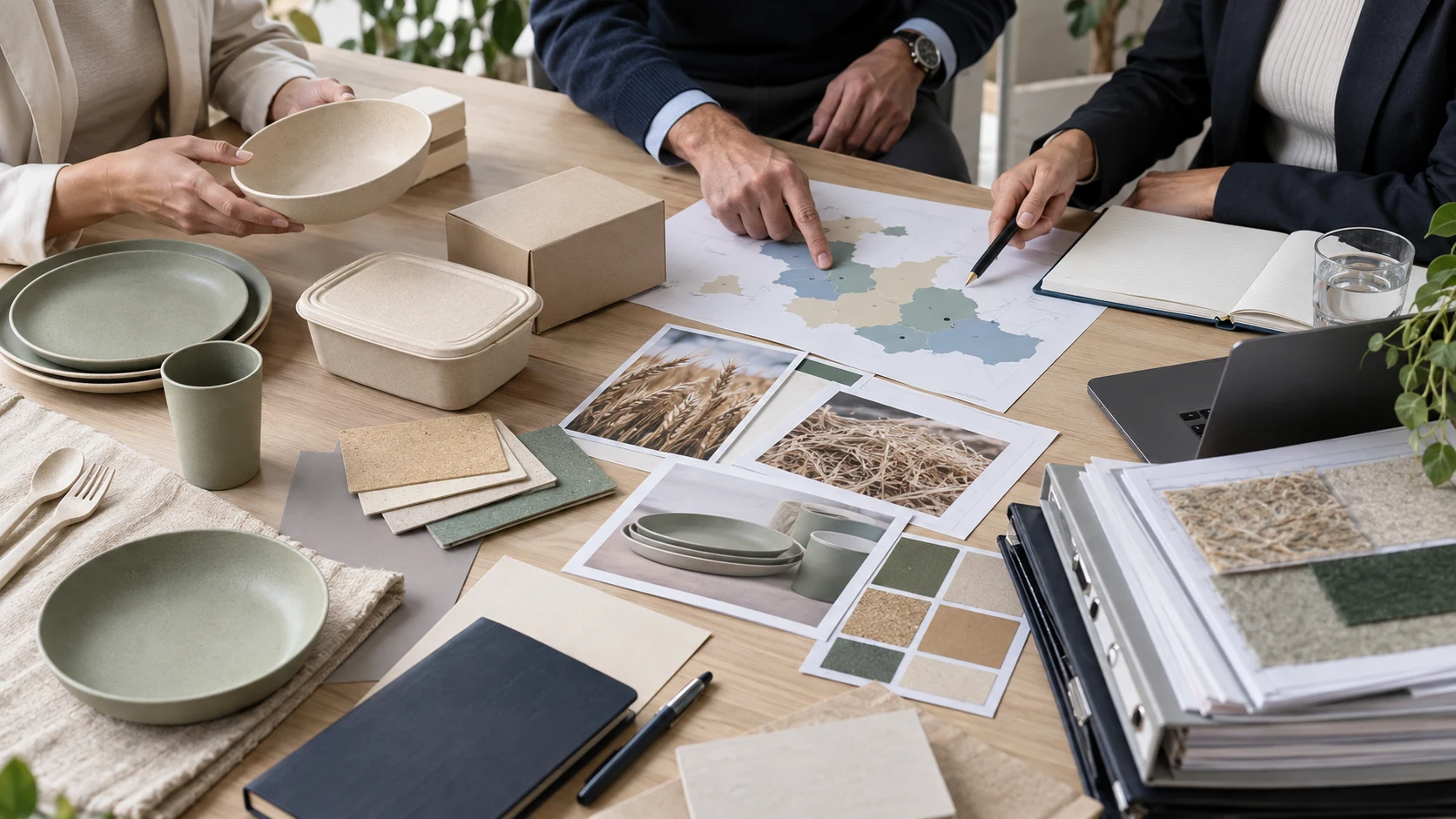 Brand and compliance team review qualified recycling instructions for wheat straw tableware