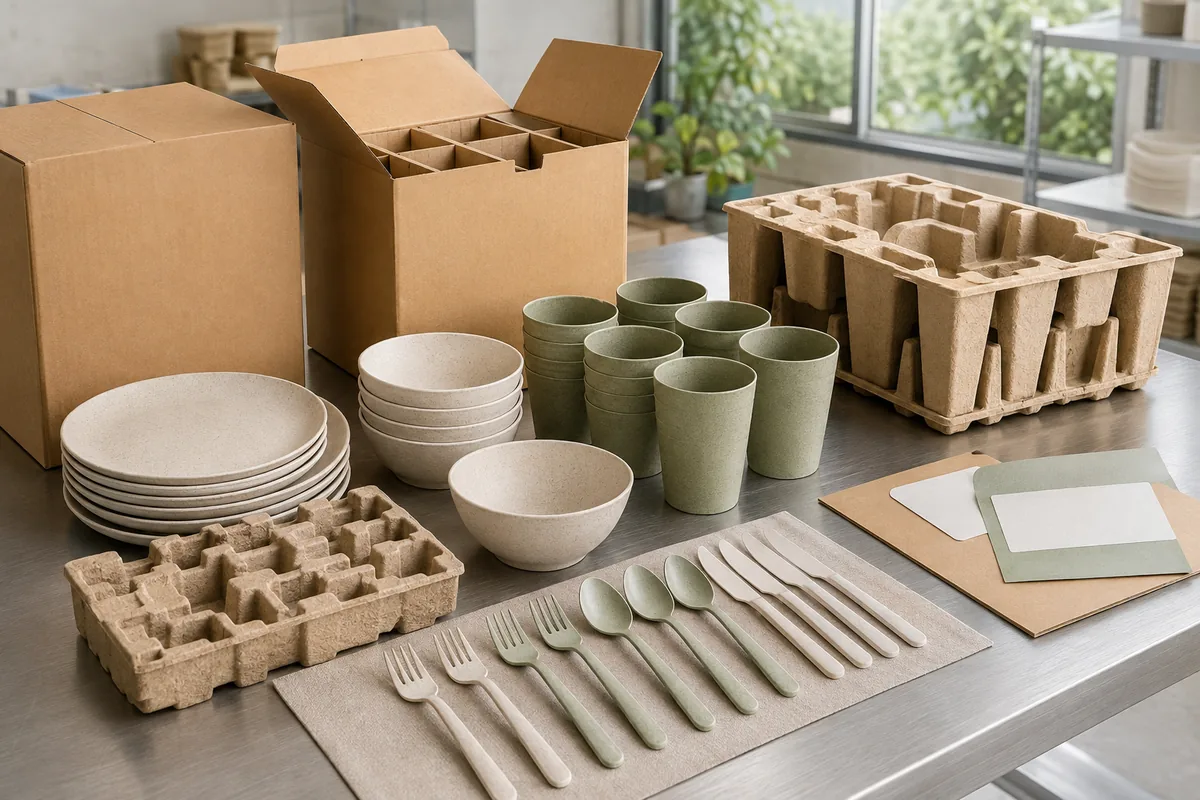 Wheat straw dinnerware set arranged with plain cartons molded pulp inserts and label samples