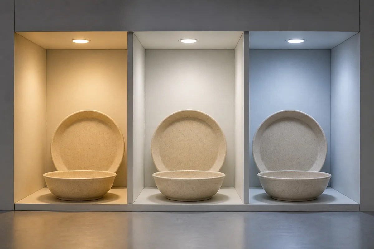 Wheat straw plates and bowls compared under warm neutral and cool inspection lighting