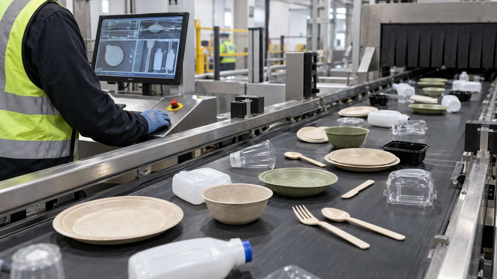 Recycling specialist checks wheat straw composite tableware against local sorting requirements