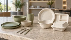 Buyer compares wheat straw vs bagasse tableware samples for reusable and single-service programs